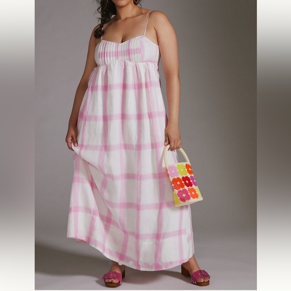 NWT Plus Size Maeve Anthropologie Linen Tie-Back Maxi Dress Pink Check Stripes - Picture 1 of 15